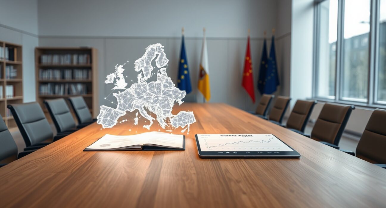 Symbolic representation of the Clarity Act influencing European cryptocurrency regulation and market growth.