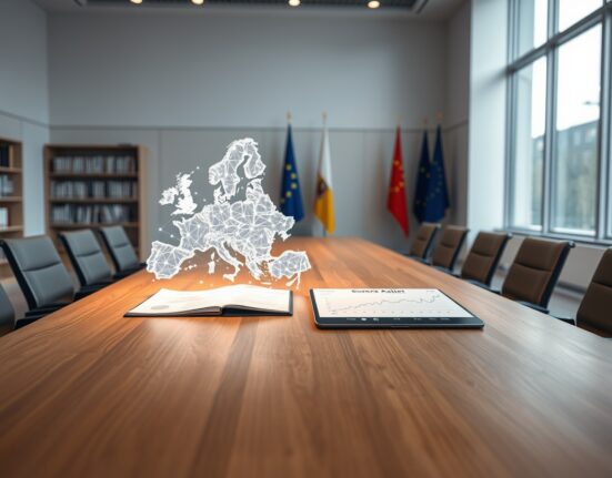 Symbolic representation of the Clarity Act influencing European cryptocurrency regulation and market growth.