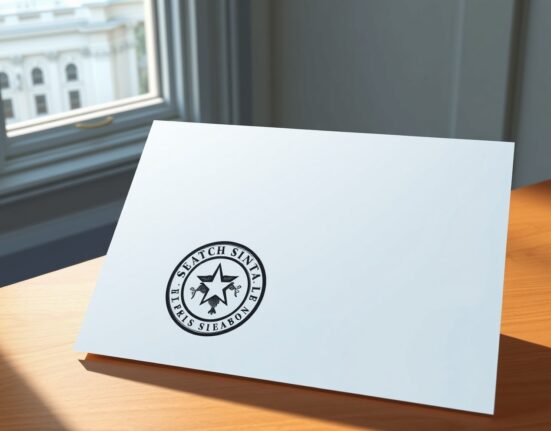 A formal letter from the NC Blockchain Initiative urging Senator Thom Tillis to consider the Clarity Act, placed on a desk with a Senate building background.