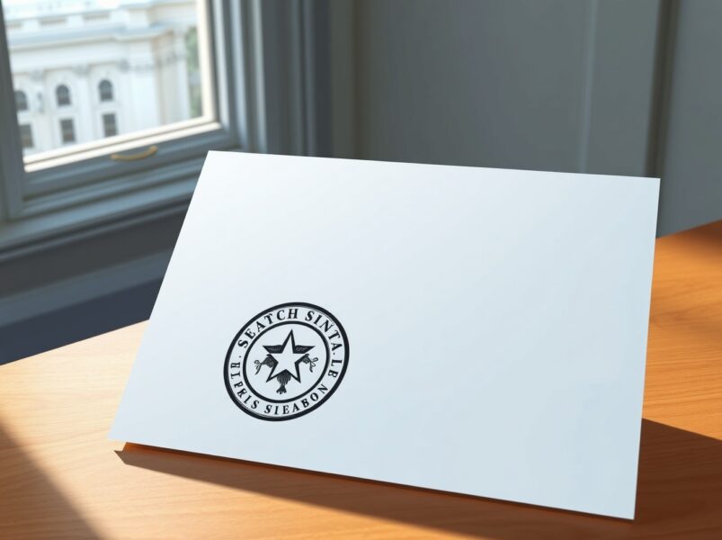 A formal letter from the NC Blockchain Initiative urging Senator Thom Tillis to consider the Clarity Act, placed on a desk with a Senate building background.