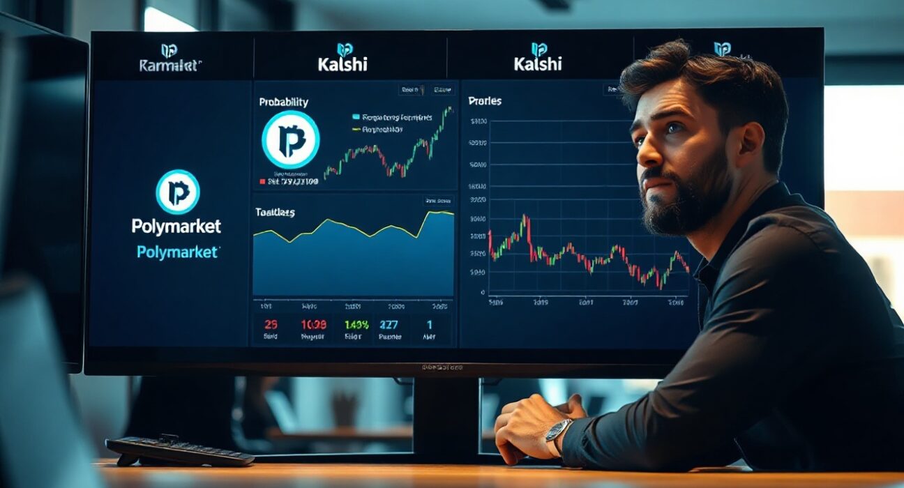 Trader monitoring prediction market odds for the CLARITY Act on a digital display showing declining probability charts.