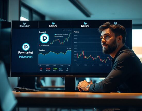 Trader monitoring prediction market odds for the CLARITY Act on a digital display showing declining probability charts.
