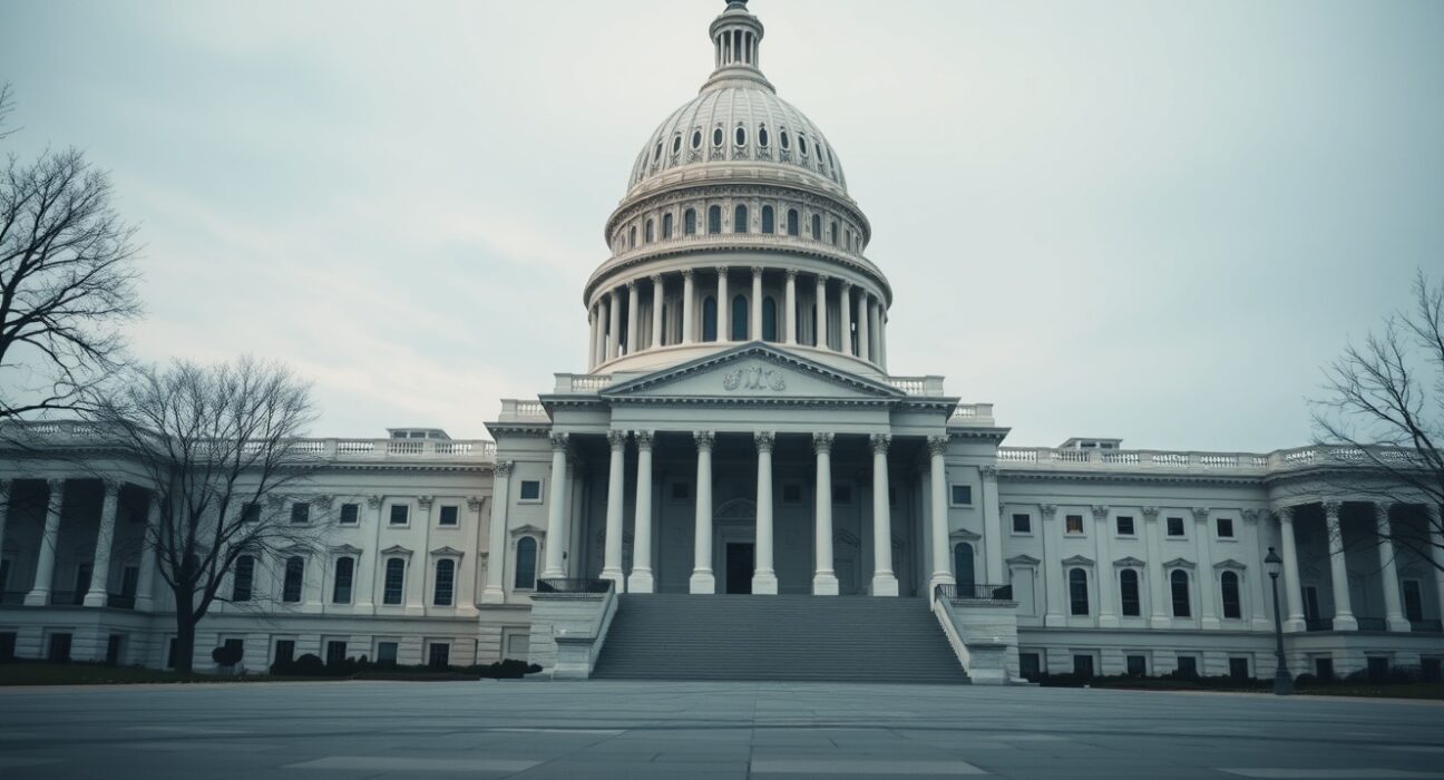 U.S. Capitol building on a cloudy afternoon, representing legislative uncertainty for the CLARITY Act.