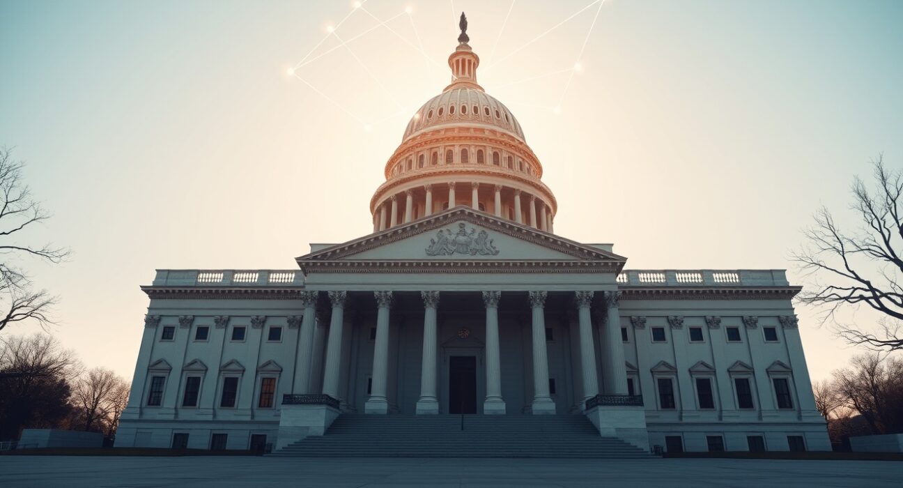 U.S. Capitol building with digital network overlay representing tokenized asset regulation
