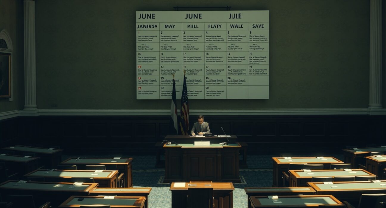 Interior of the US Senate chamber with a legislative calendar showing a busy June schedule