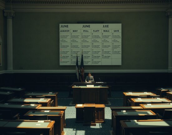 Interior of the US Senate chamber with a legislative calendar showing a busy June schedule