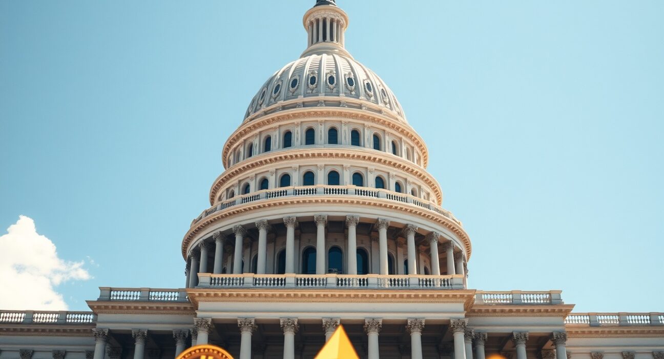 US Capitol building with subtle cryptocurrency symbols overlay representing crypto regulation debate