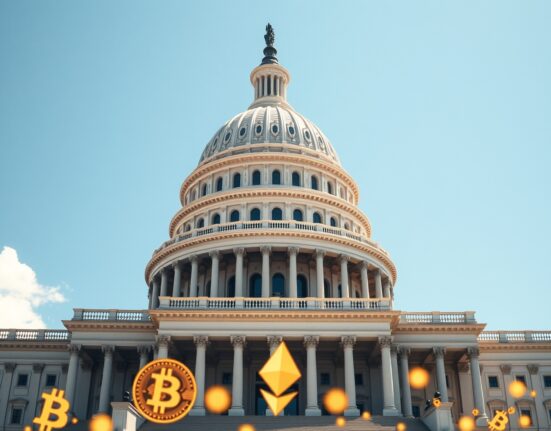 US Capitol building with subtle cryptocurrency symbols overlay representing crypto regulation debate