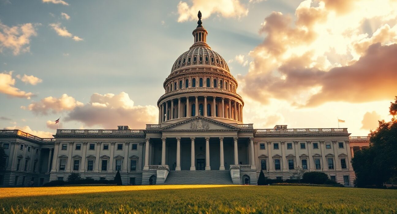 US Capitol building at golden hour with cloudy sky, representing stalled crypto legislation negotiations.
