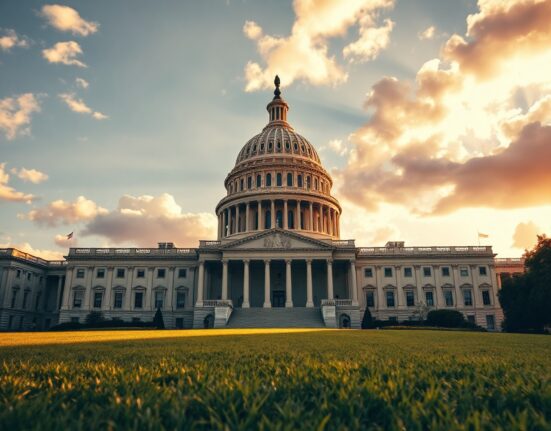 US Capitol building at golden hour with cloudy sky, representing stalled crypto legislation negotiations.