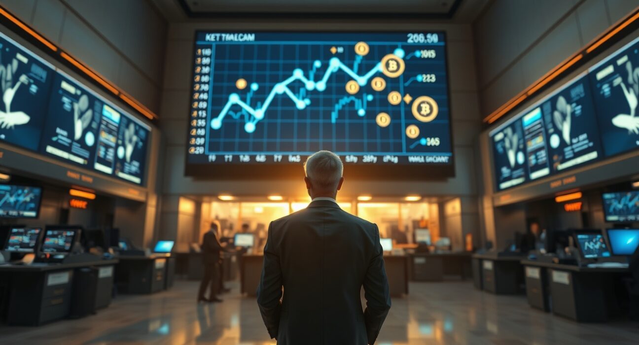 Wall Street trader observing a digital display with blockchain token symbols at sunrise