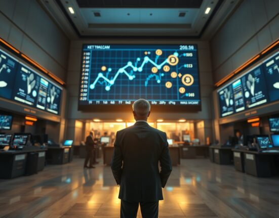 Wall Street trader observing a digital display with blockchain token symbols at sunrise