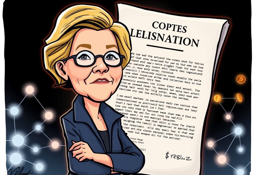 Cartoon illustration of Senator Elizabeth Warren opposing the CLARITY Act, highlighting concerns about crypto regulation.