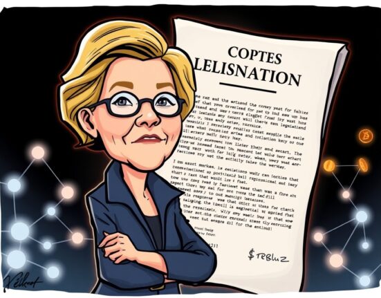 Cartoon illustration of Senator Elizabeth Warren opposing the CLARITY Act, highlighting concerns about crypto regulation.