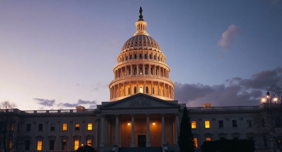 U.S. Capitol building at dusk, symbolizing the Senate's pending decision on the CLARITY Act.