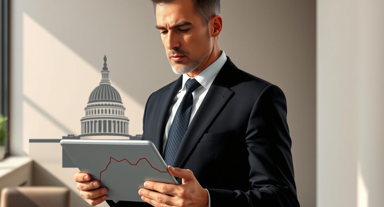 Financial analyst reviewing CLARITY bill stablecoin regulations with US Capitol background