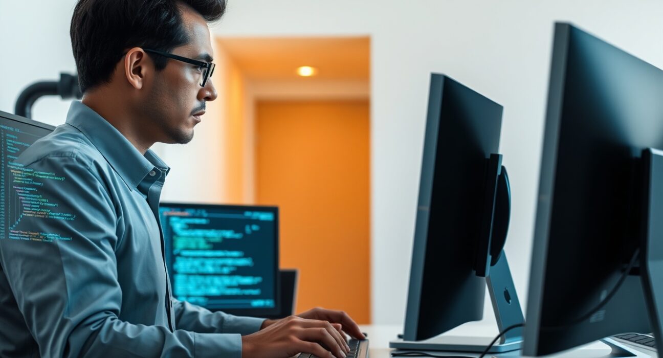 Security researcher working at a computer desk with code on screens, representing white-hat hacker activities.