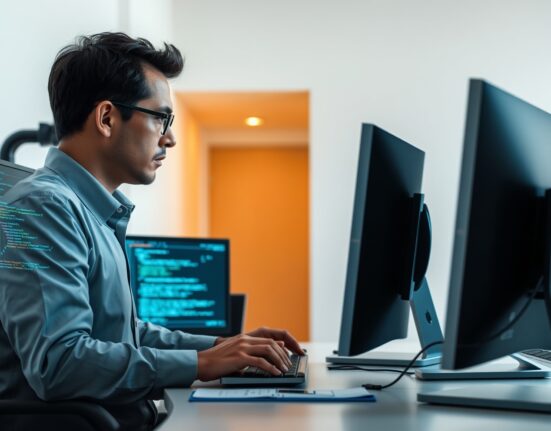 Security researcher working at a computer desk with code on screens, representing white-hat hacker activities.