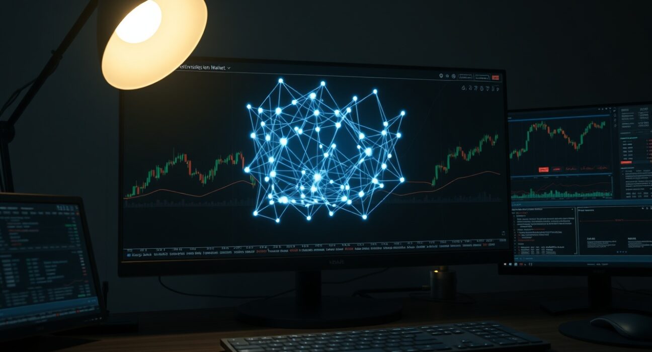 Claude AI trading bot analyzing prediction market data on a professional trading desk.