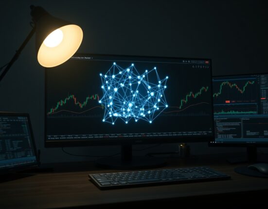 Claude AI trading bot analyzing prediction market data on a professional trading desk.