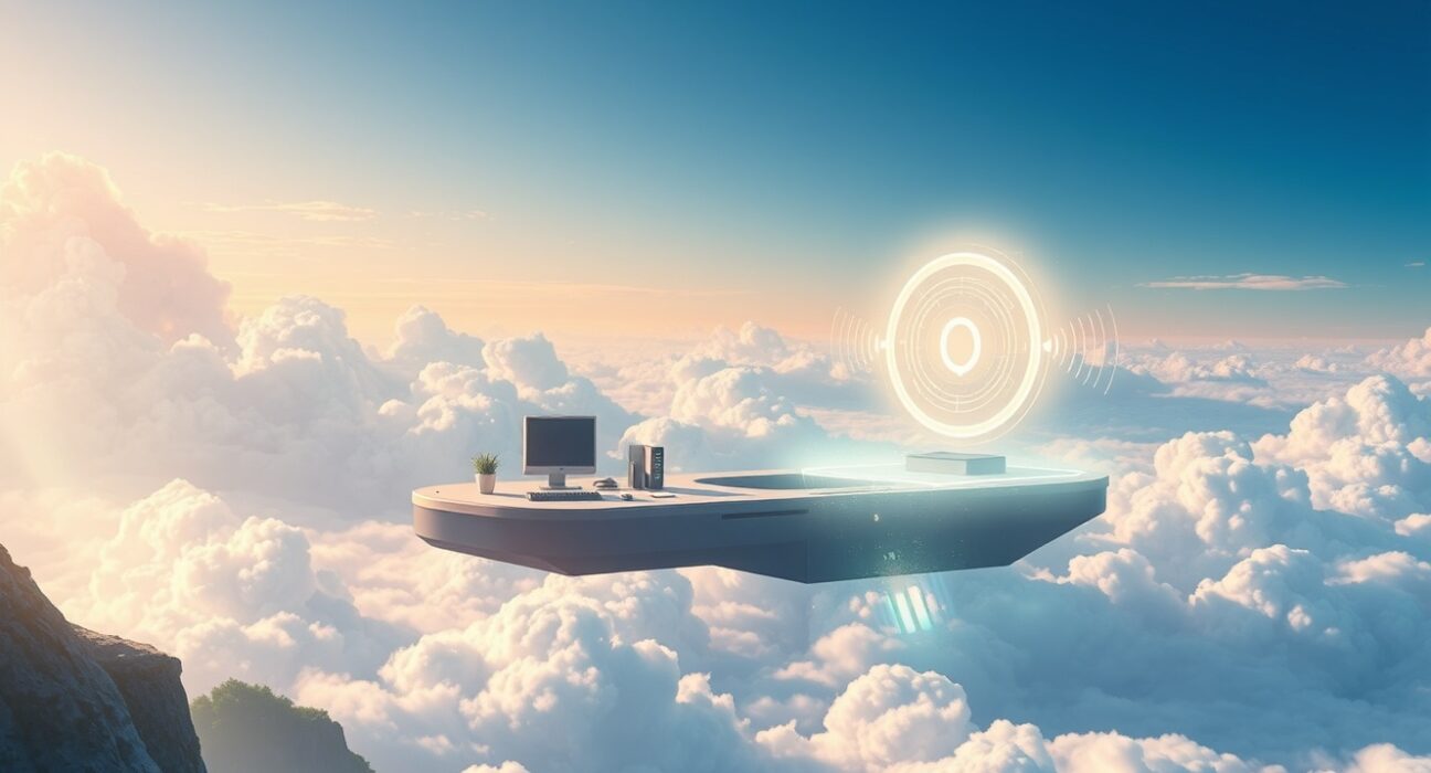 Claude Code voice mode enabling developers to code through spoken commands in a futuristic workspace