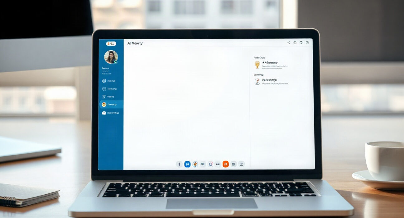 Laptop with Claude AI chat interface and memory settings panel in a modern workspace
