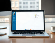 Laptop with Claude AI chat interface and memory settings panel in a modern workspace