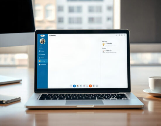 Laptop with Claude AI chat interface and memory settings panel in a modern workspace