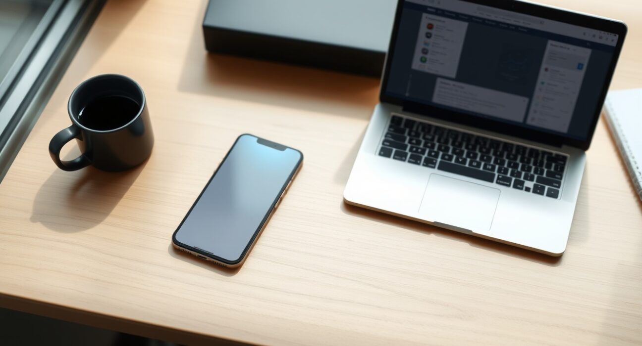 Smartphone and laptop displaying Claude Cowork AI assistant interface on a desk with natural lighting