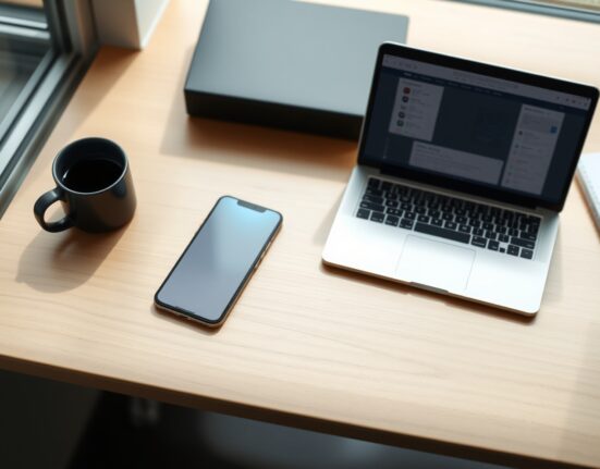 Smartphone and laptop displaying Claude Cowork AI assistant interface on a desk with natural lighting