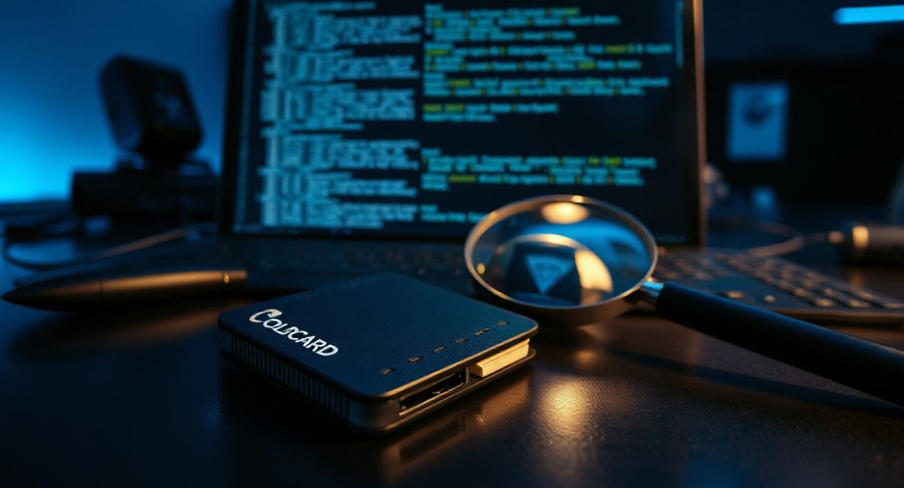 Hardware wallet on reflective surface with code in background, representing Coldcard vulnerability discovery.