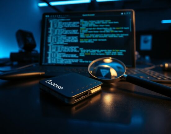 Hardware wallet on reflective surface with code in background, representing Coldcard vulnerability discovery.