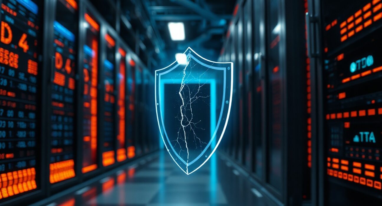 Futuristic server room with a cracked digital shield symbolizing AI-driven DeFi security vulnerability