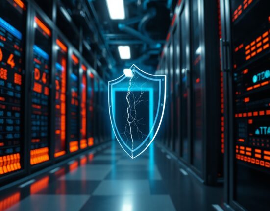 Futuristic server room with a cracked digital shield symbolizing AI-driven DeFi security vulnerability