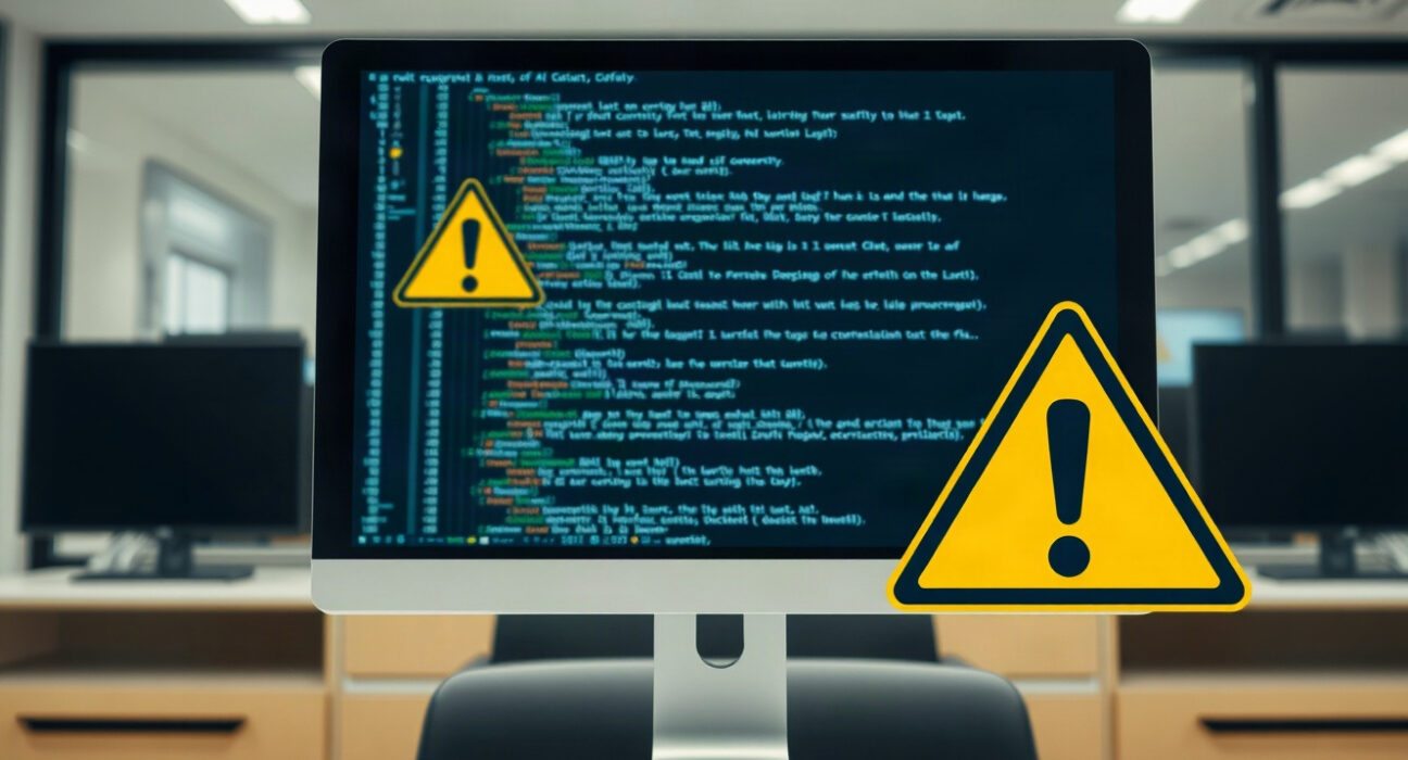 Computer monitor displaying a chat interface with a caution sign, representing AI safety concerns.