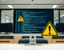 Computer monitor displaying a chat interface with a caution sign, representing AI safety concerns.