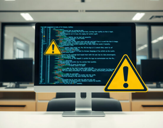 Computer monitor displaying a chat interface with a caution sign, representing AI safety concerns.