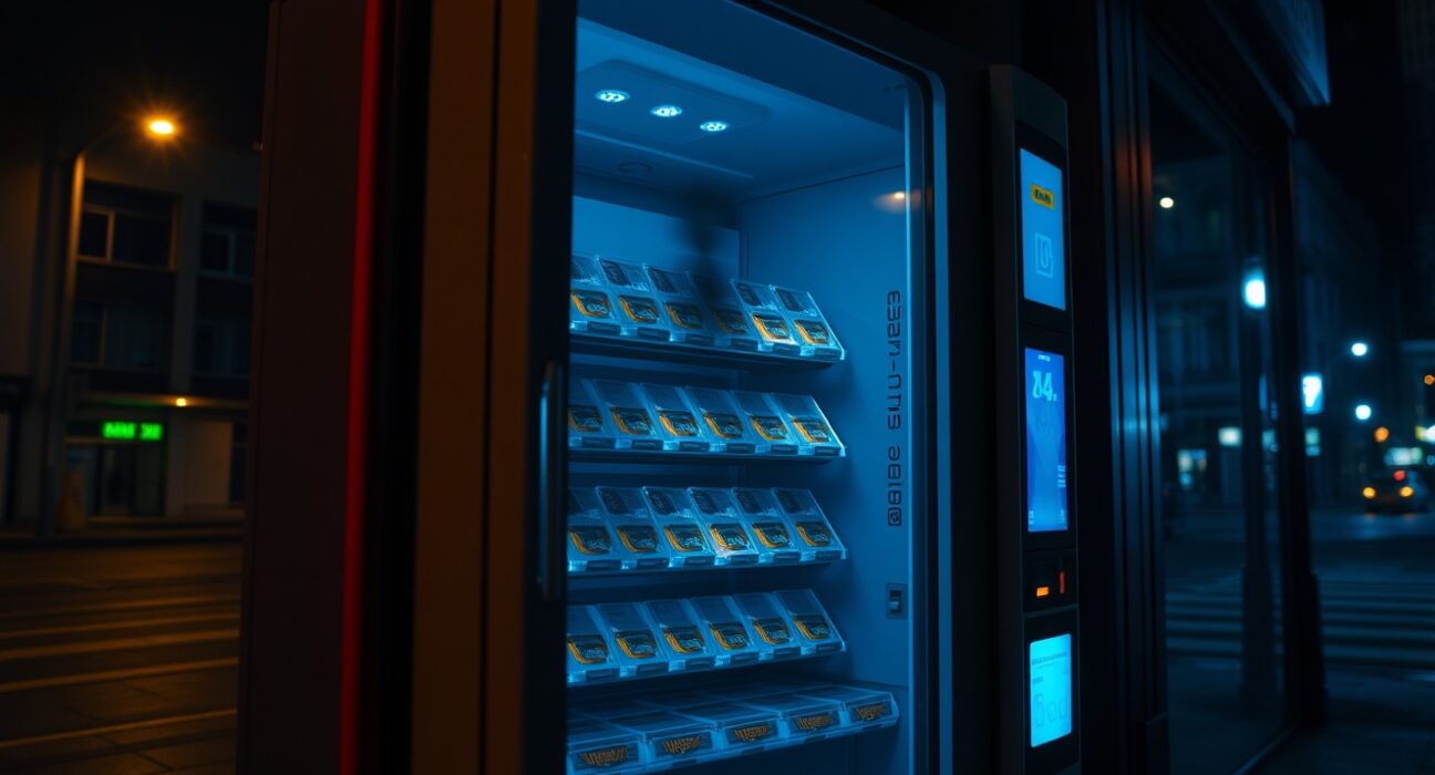 A futuristic vending machine glowing in a dim San Francisco street at night, representing AI-operated business agents.
