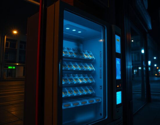 A futuristic vending machine glowing in a dim San Francisco street at night, representing AI-operated business agents.