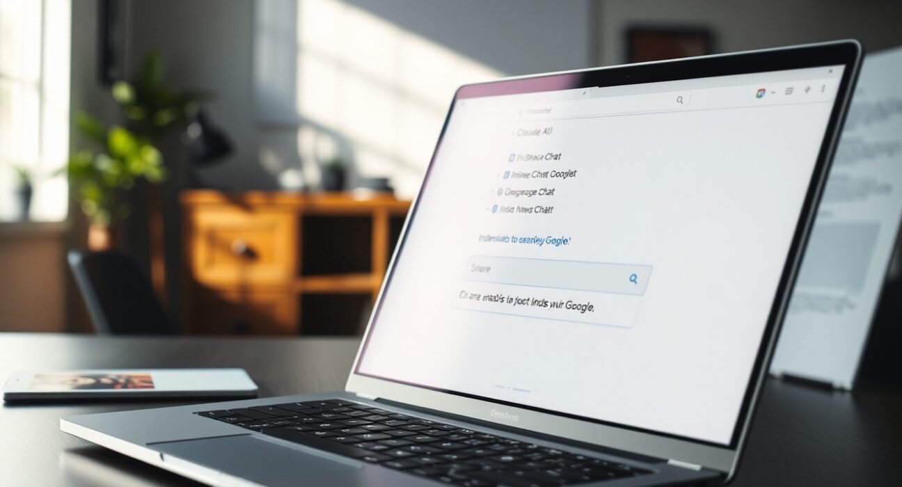 Laptop showing Claude AI share chat interface with Google search results in background