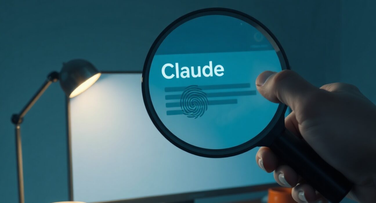 Hand holding magnifying glass over AI-generated text on screen, revealing digital watermark