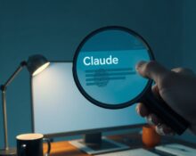 Hand holding magnifying glass over AI-generated text on screen, revealing digital watermark