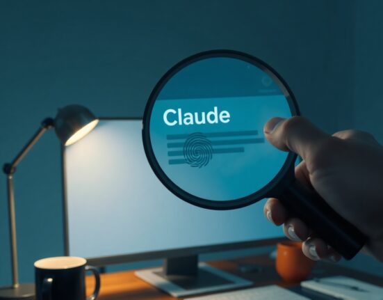 Hand holding magnifying glass over AI-generated text on screen, revealing digital watermark