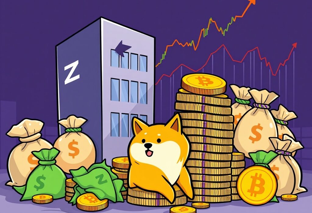 Cartoon illustration showing Cleancore Solutions making a significant Cleancore DOGE purchase, symbolizing institutional investment in Dogecoin.