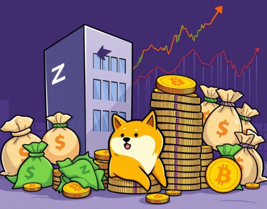 Cartoon illustration showing Cleancore Solutions making a significant Cleancore DOGE purchase, symbolizing institutional investment in Dogecoin.