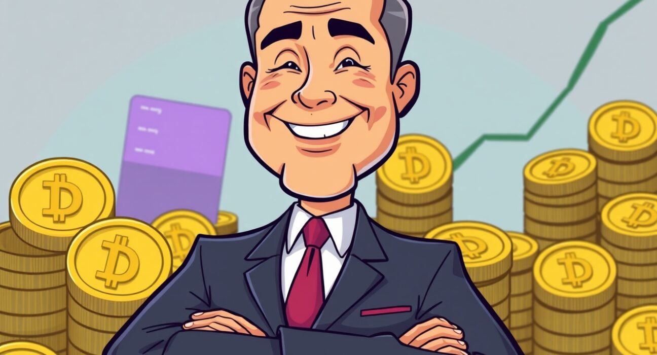 Cartoon illustration showing a confident executive with a large stack of Dogecoin, symbolizing CleanCore Solutions Dogecoin investment growth.