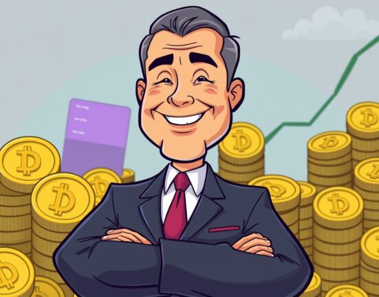 Cartoon illustration showing a confident executive with a large stack of Dogecoin, symbolizing CleanCore Solutions Dogecoin investment growth.