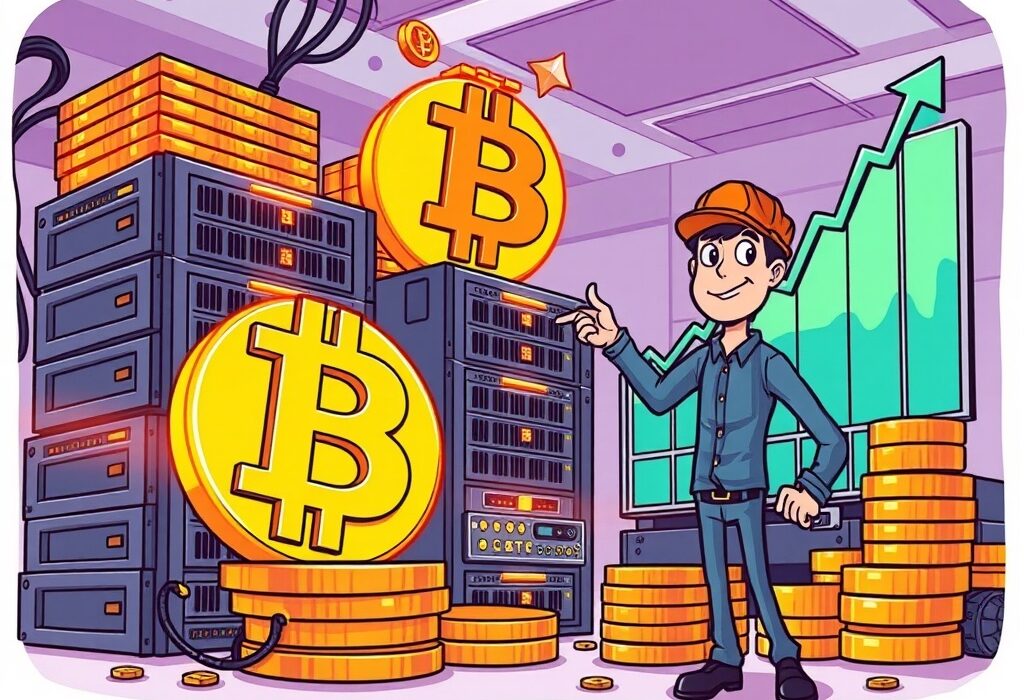 A cartoon illustration showing CleanSpark's impressive CleanSpark Bitcoin holdings growth and strong Q3 revenue, highlighting the company's success in Bitcoin mining.