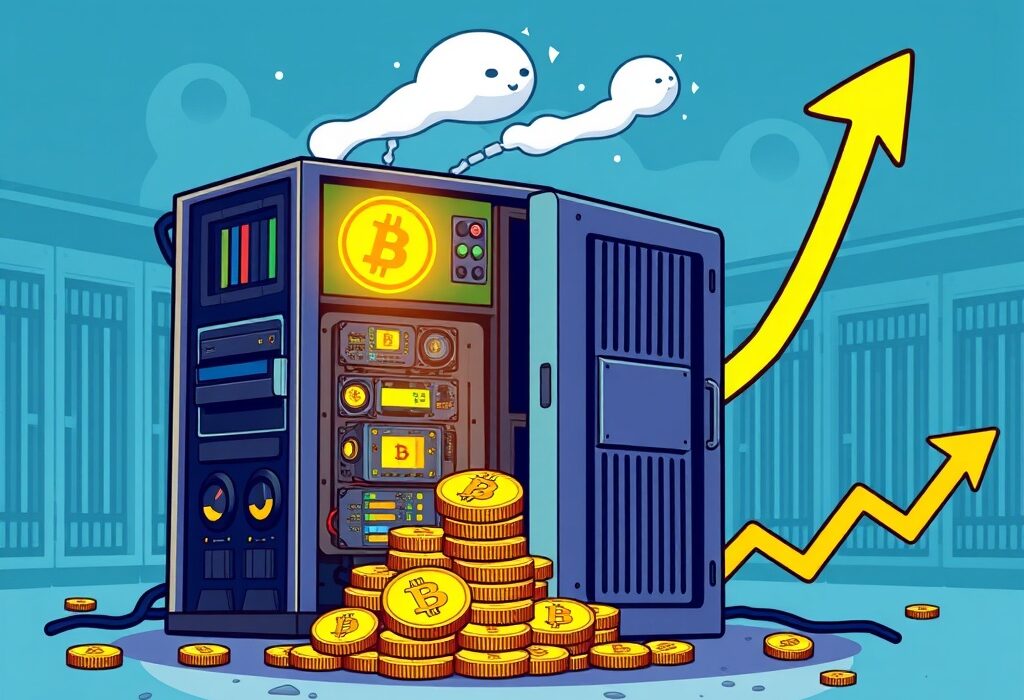 Cartoon illustration depicting CleanSpark Bitcoin mining success, with new BTC added to a growing digital pile, symbolizing robust operations.