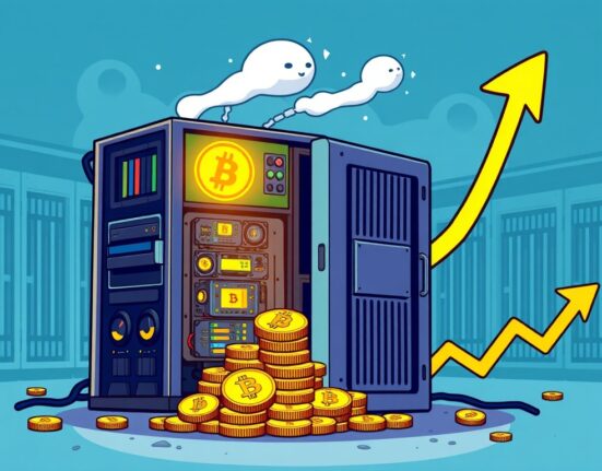 Cartoon illustration depicting CleanSpark Bitcoin mining success, with new BTC added to a growing digital pile, symbolizing robust operations.